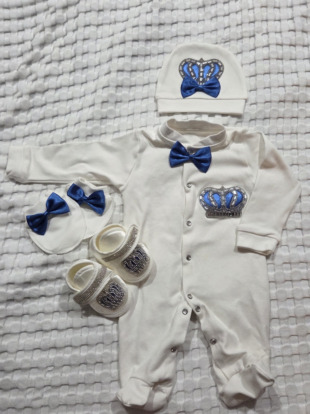 Baby One-Piece with Royal Blue Bow and Crown Accents